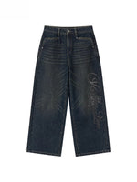 Retro Blue Studded Letter Wide-Leg Jeans