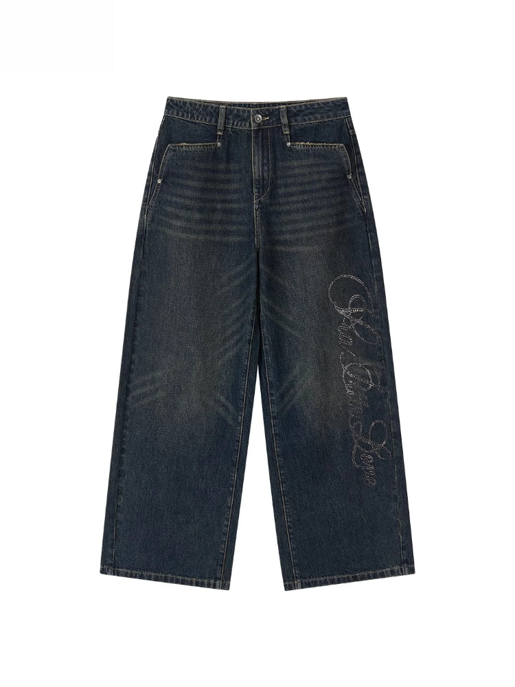 Retro Blue Studded Letter Wide-Leg Jeans