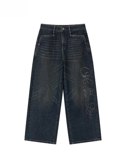 Retro Blue Studded Letter Wide-Leg Jeans