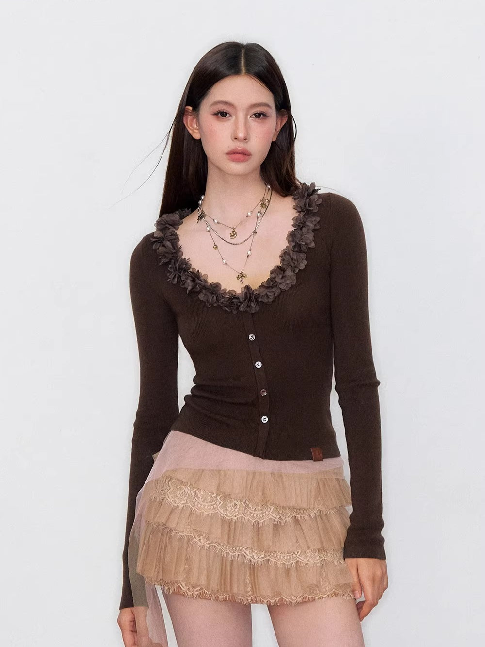 Ruffle V-Neck Knit Cardigan