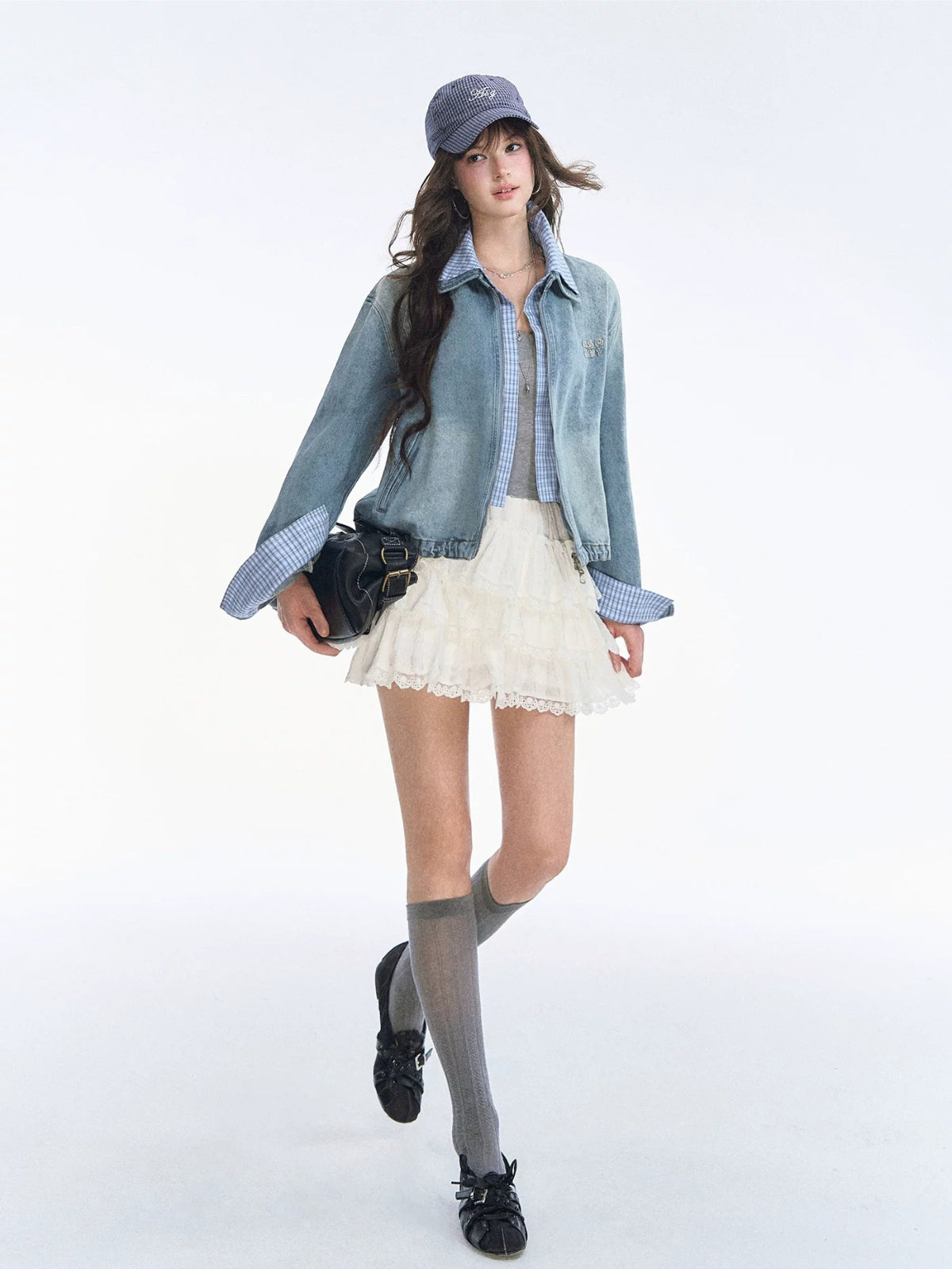 Academic Plaid Patchwork Denim Jacket