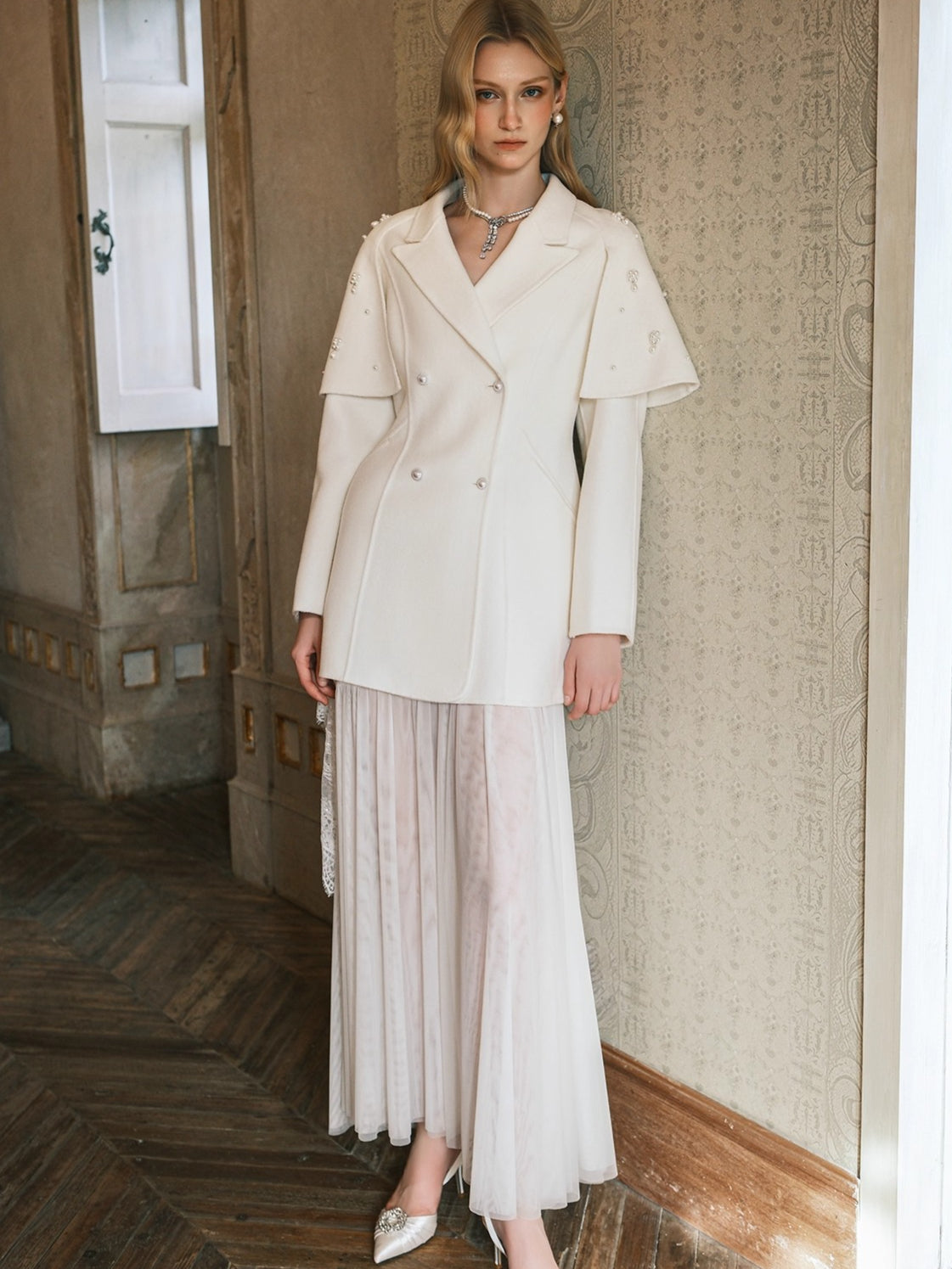 Mira Vintage-Inspired Pearl Cape Woolen Coat