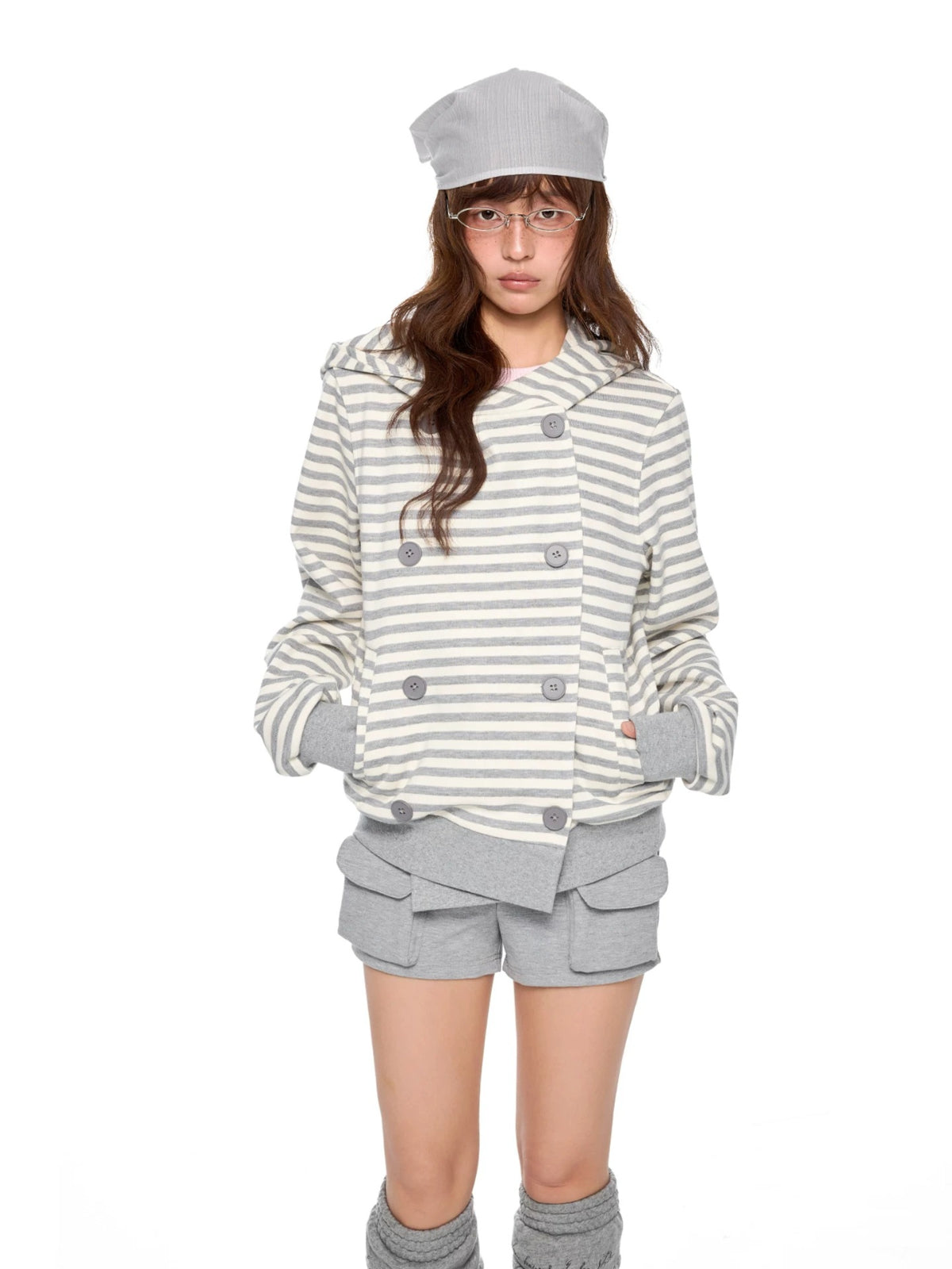 Double-Breasted Striped Hooded Cardigan