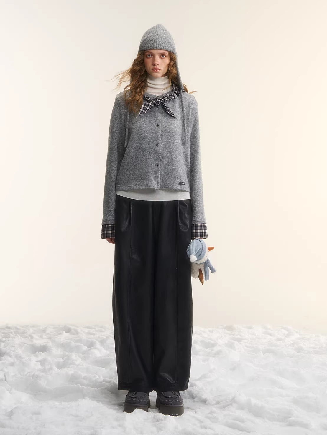 Wool Blend Plaid Tie Cardigan