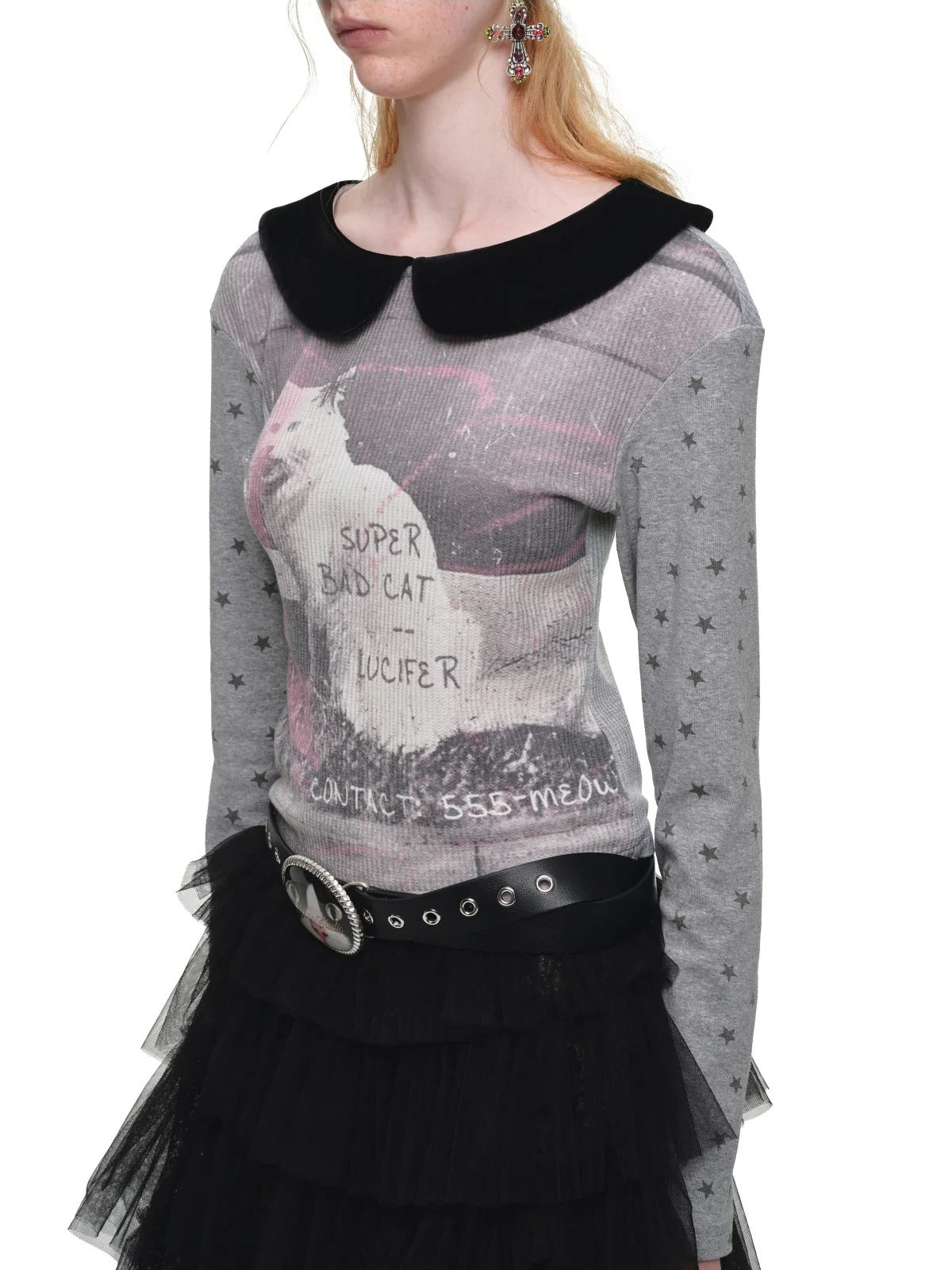 Cat Print Waffle Collar Top