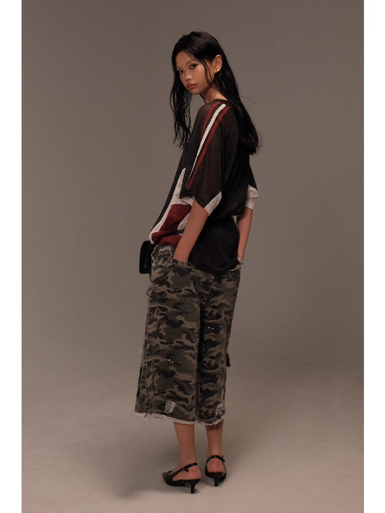 Lace Patchwork Ripped Camouflage Capri Pants