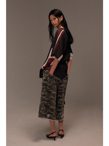 Lace Patchwork Ripped Camouflage Capri Pants