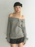 Off-Shoulder Bow Cable Knit Sweater