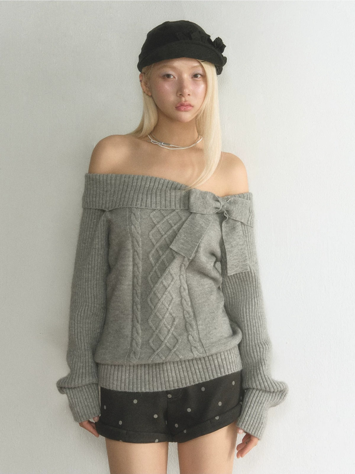 Off-Shoulder Bow Cable Knit Sweater