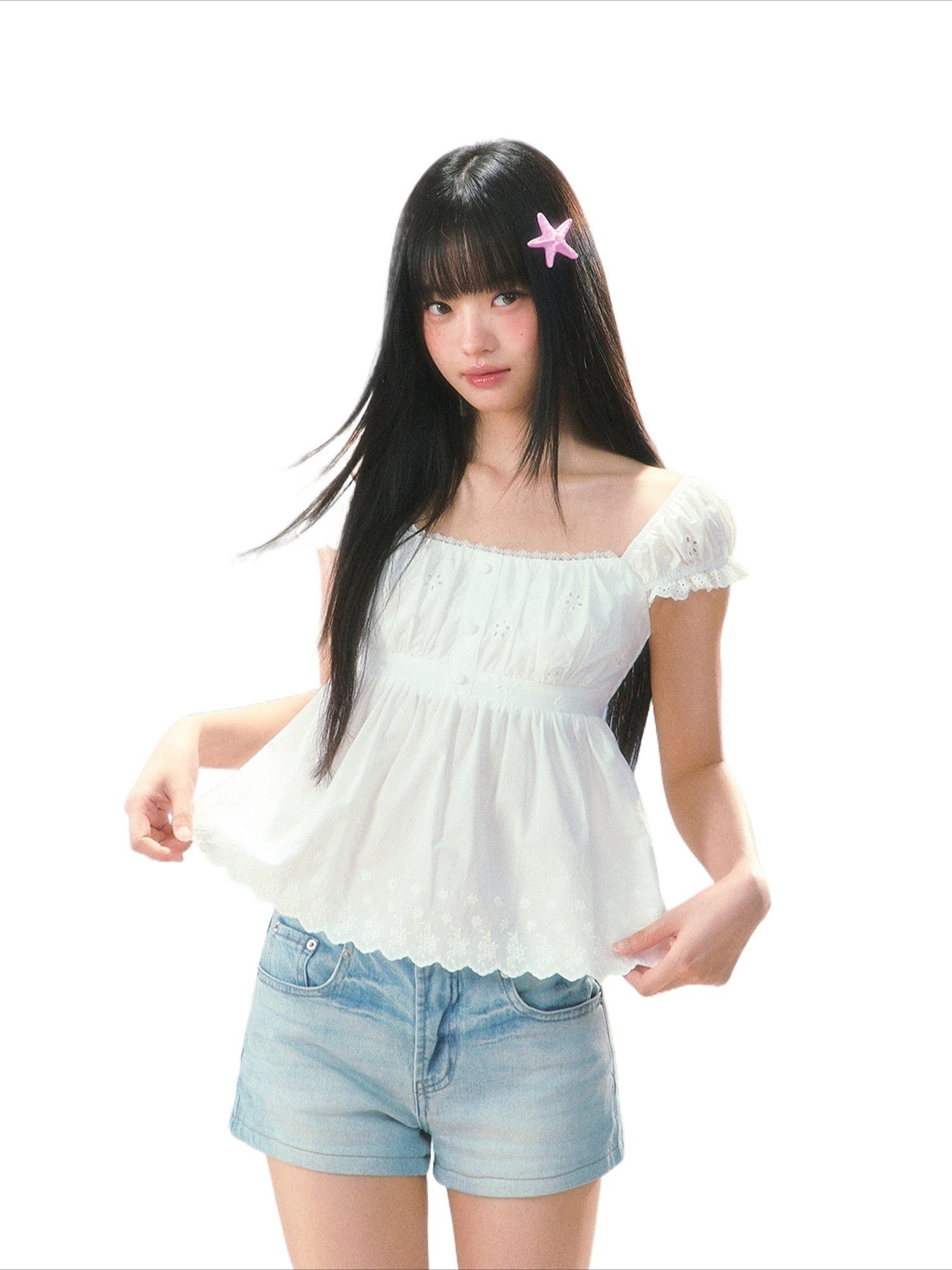 Lace Jacquard Puff Sleeve Top