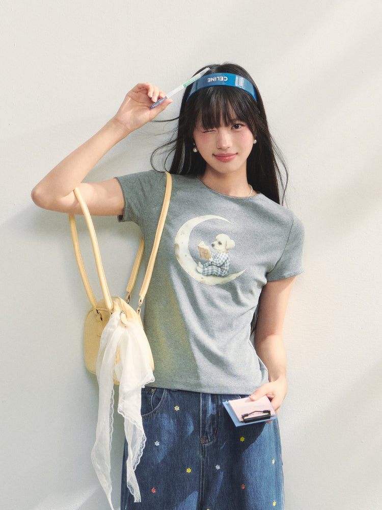 Grey Printed Slim-Fit Knit T-Shirt
