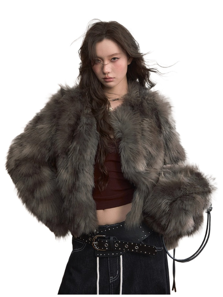 Short PU Leather Faux Fur Collar Coat