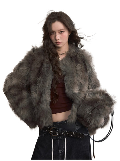 Short PU Leather Faux Fur Collar Coat