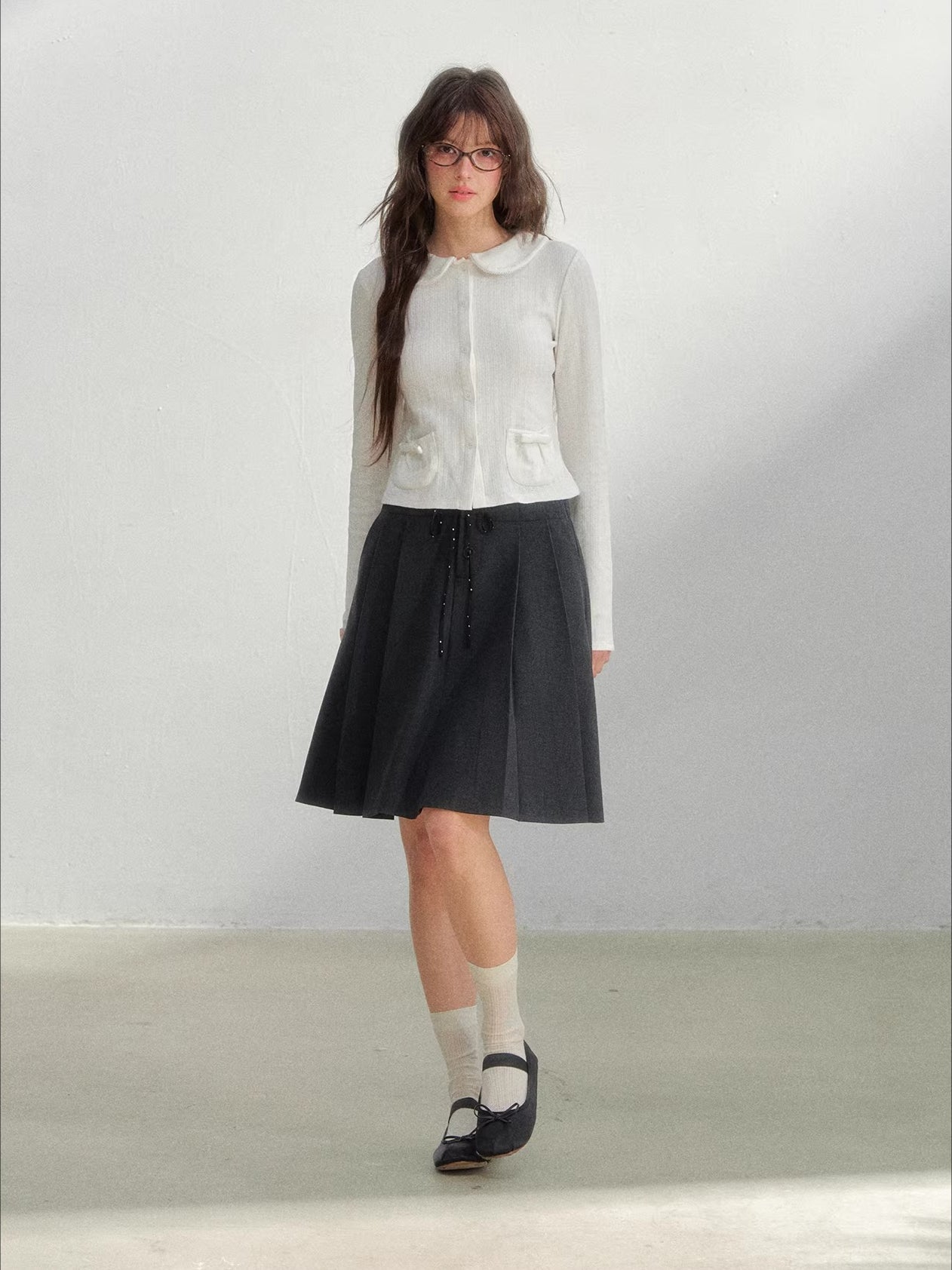 Gray Polka Pleated Midi Skirt
