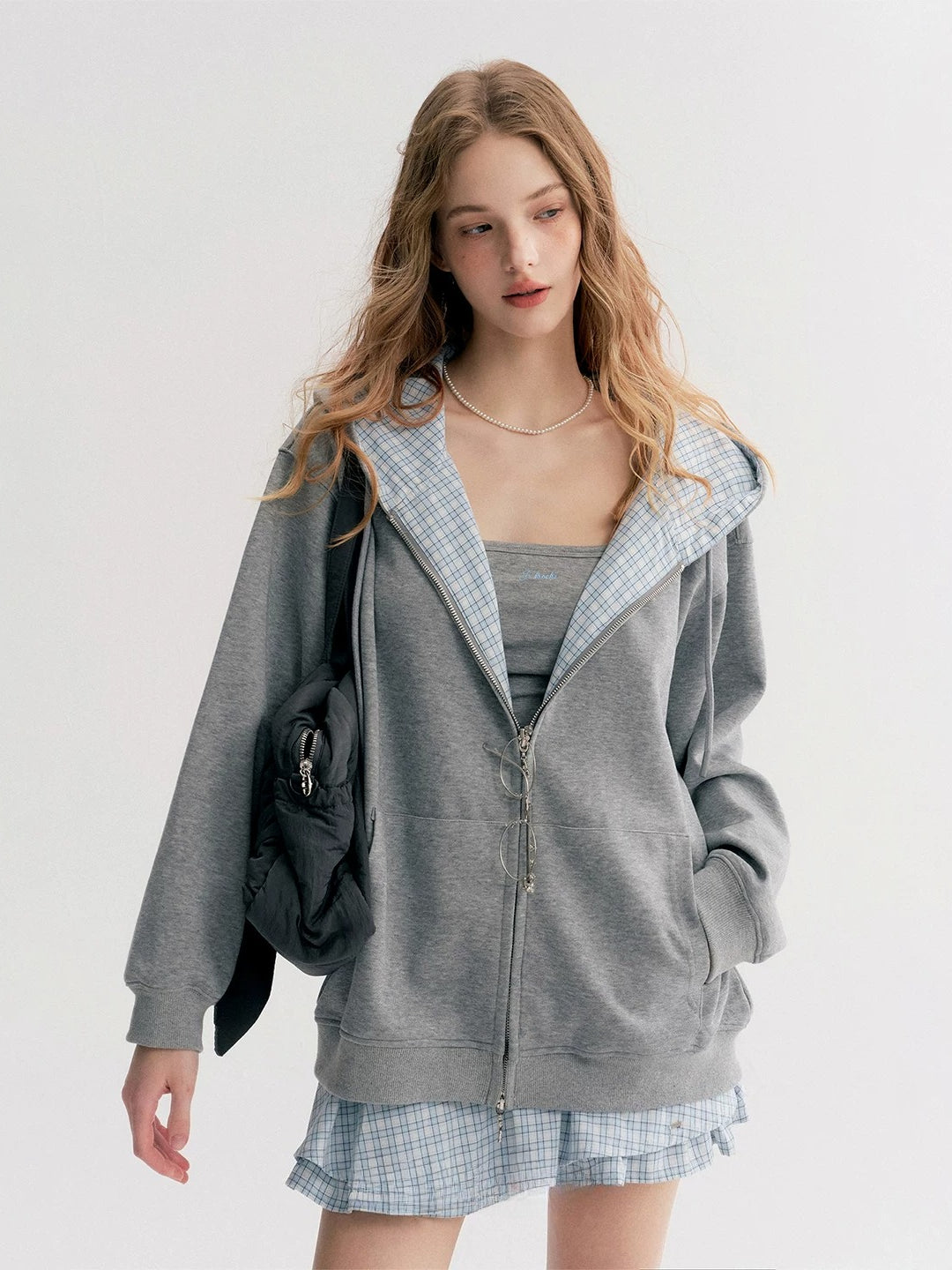 Gray Plaid Hoodie Three-Piece Set