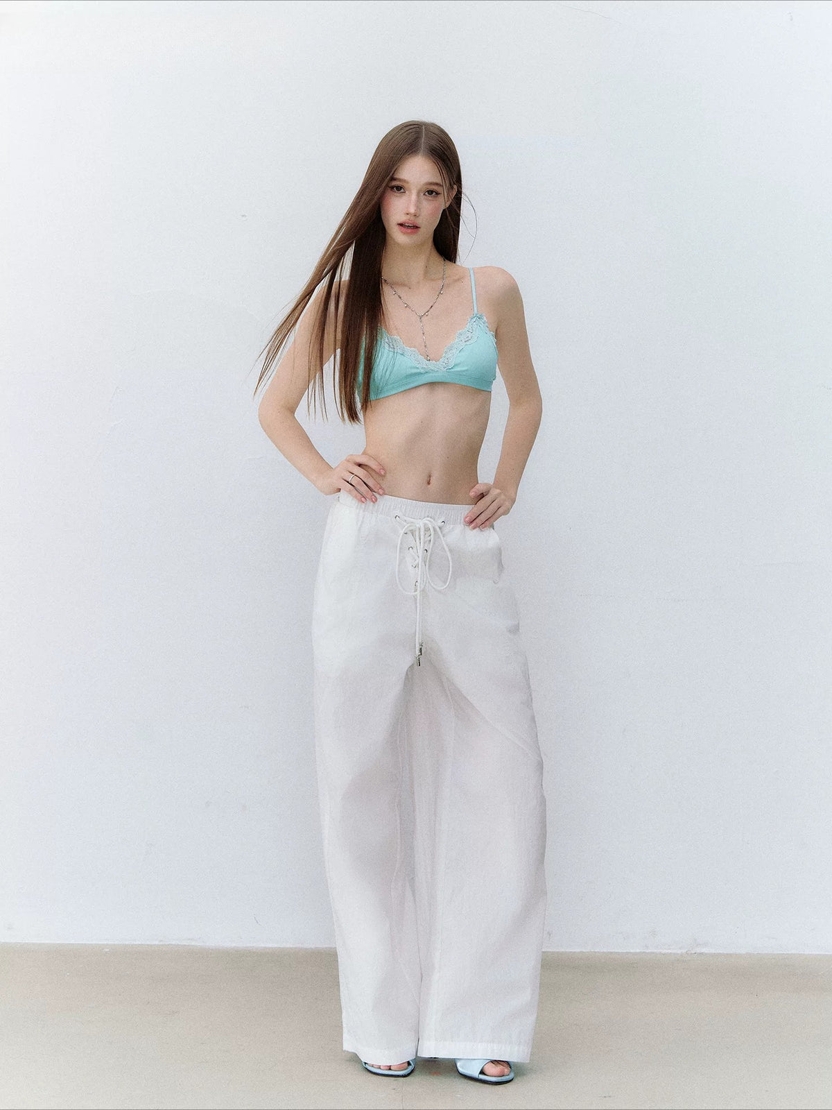 Beige Drawstring Straight Pants