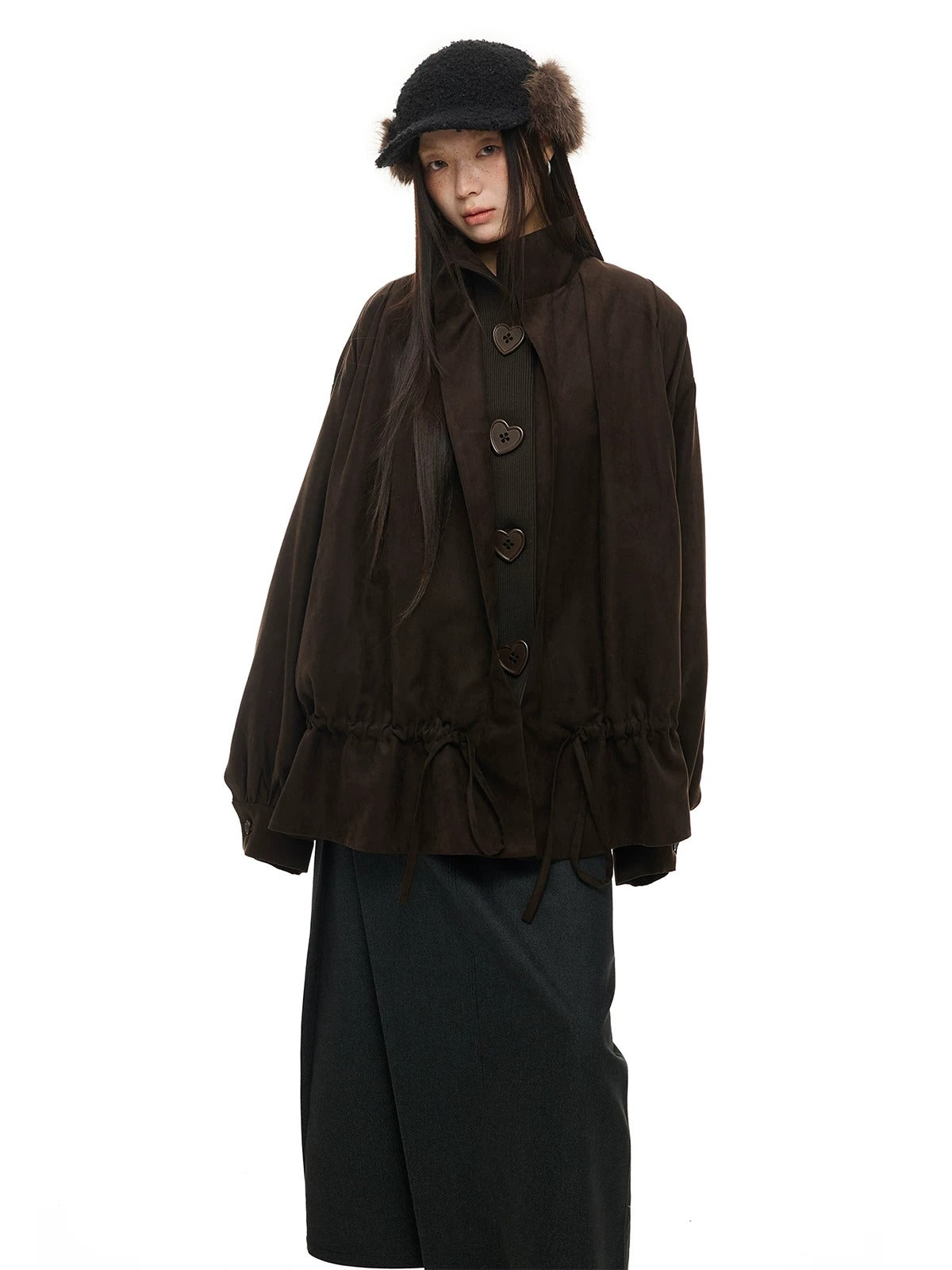 Suede Drawstring Trim Coat