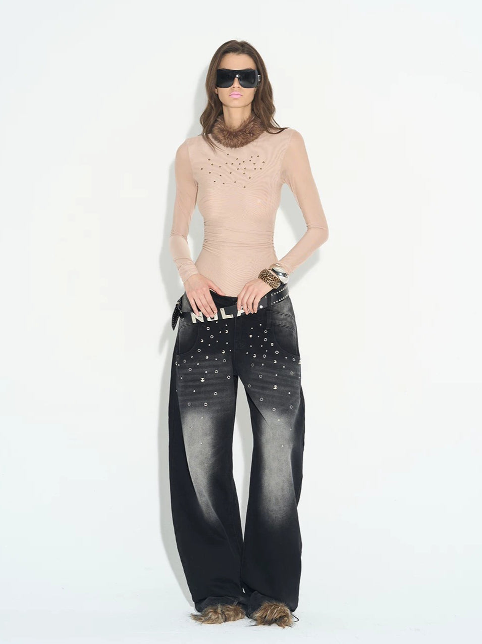 Rhinestone Mesh Turtleneck Top
