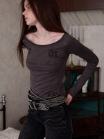 Off-Shoulder Badge Print Long Sleeve T-shirt
