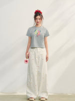 Printed Pearl-Decorated Short-Sleeve T-Shirt