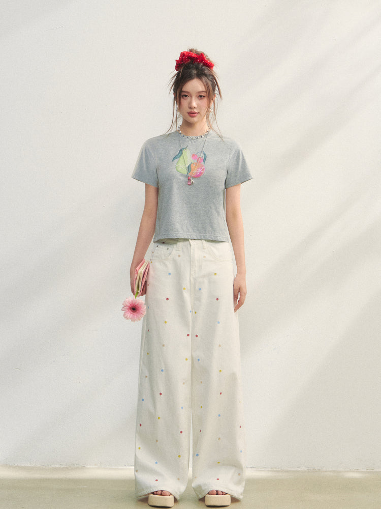Printed Pearl-Decorated Short-Sleeve T-Shirt