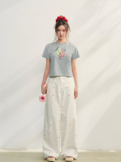 Printed Pearl-Decorated Short-Sleeve T-Shirt