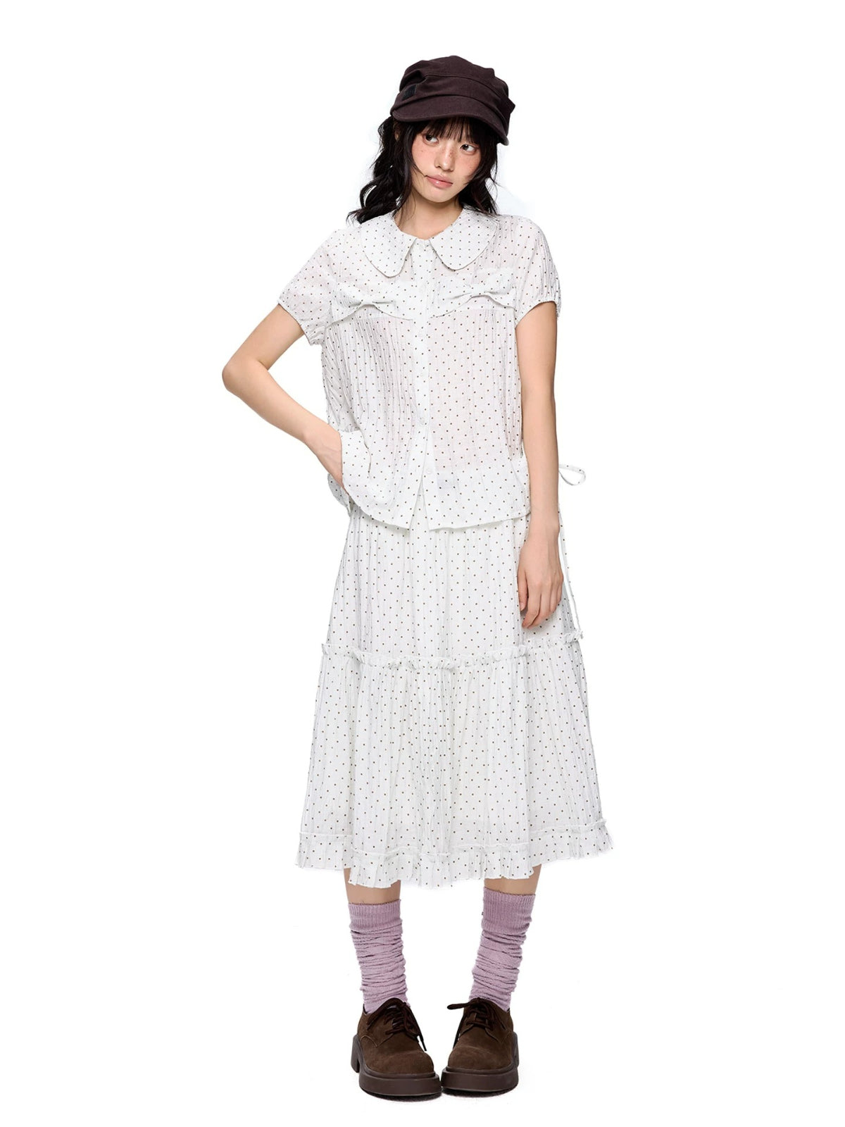 Polka Dot Collar Shirt &amp; Skirt Set