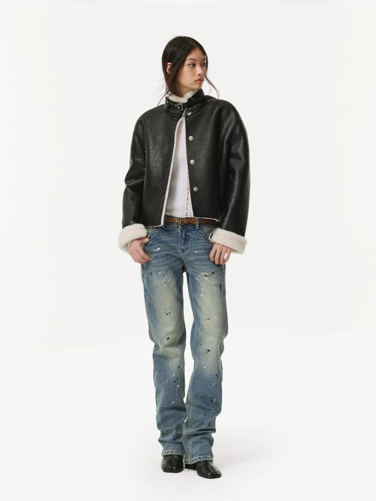 Contrast Faux Shearling Biker Jacket