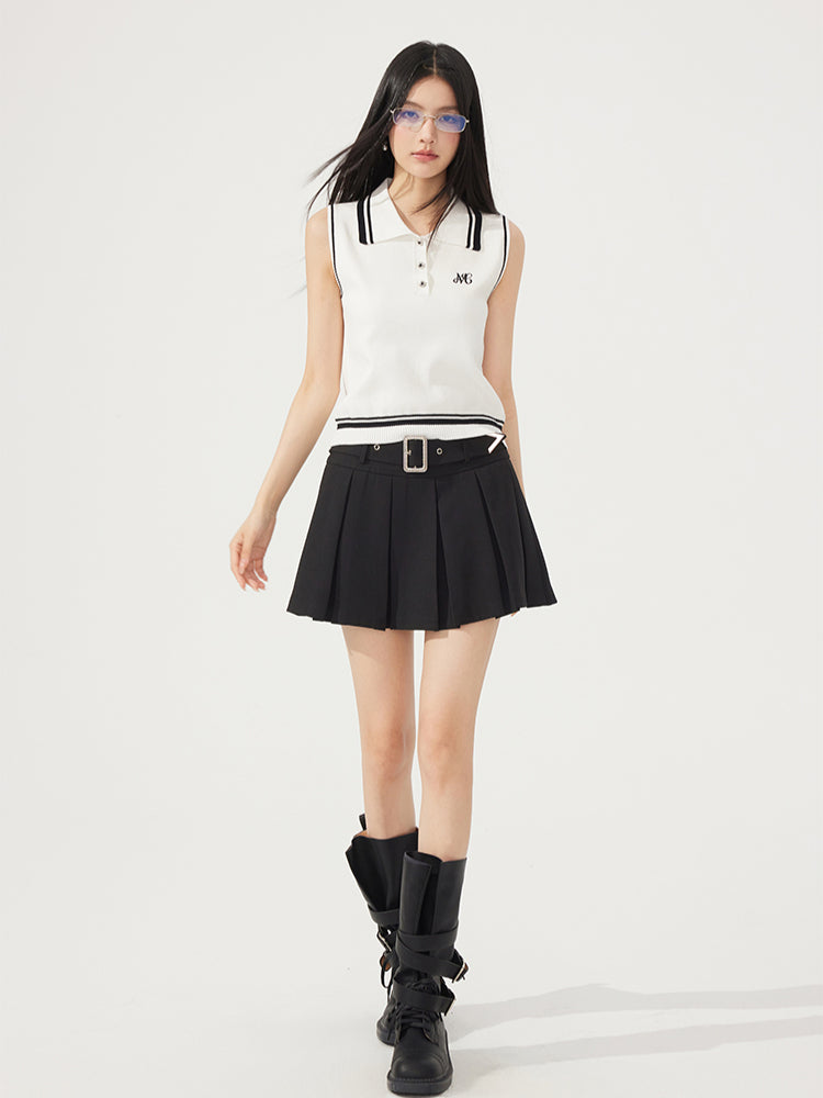 Contrast-Color Knitted Polo Collar Sleeveless Tank Top