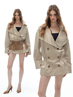 Khaki Double-Breasted Short Trench Coat & Waist Belt Set