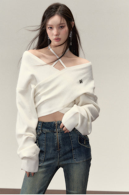 Grey &amp; White Off-shoulder Knitted Wool Sweater