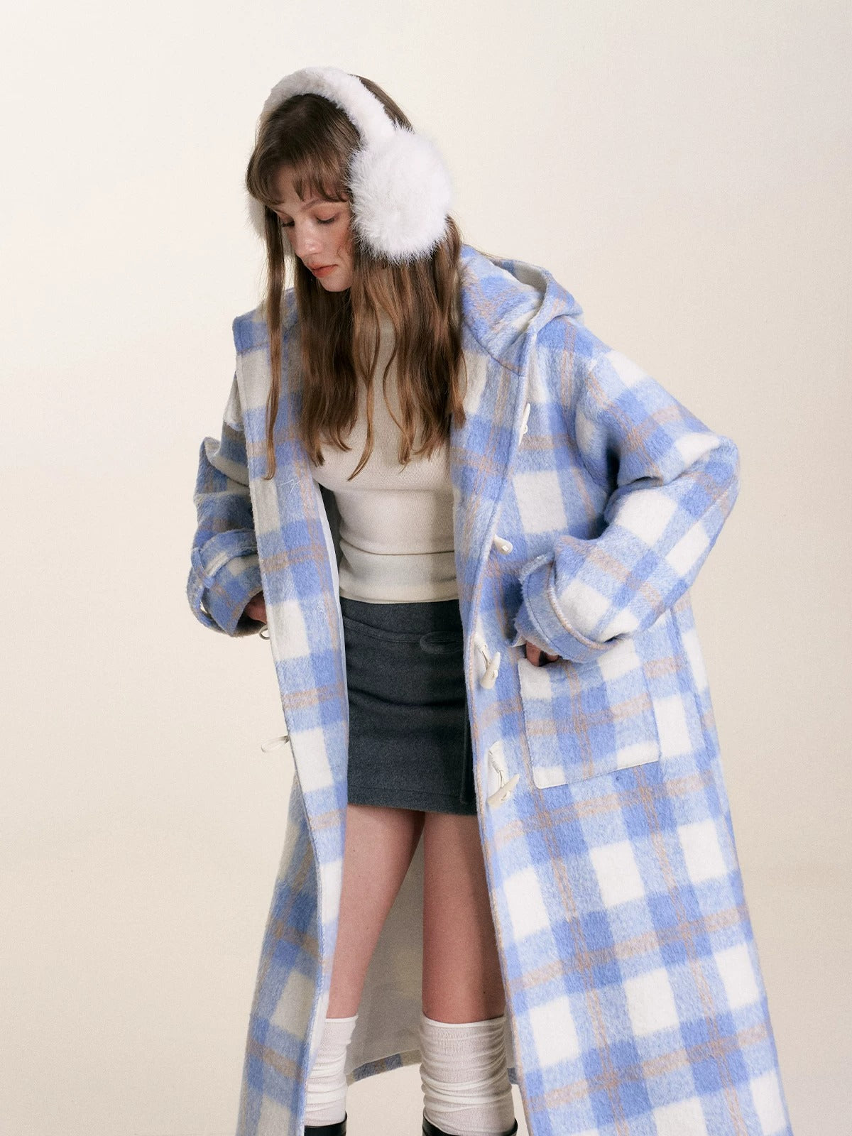 Blue Check Hooded Wool Coat