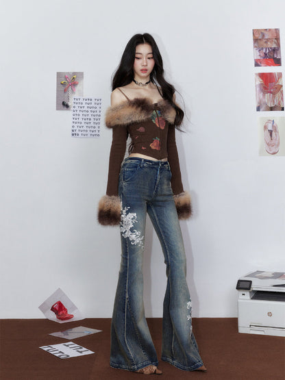 Faux Fur Gradient Knit Sweater with Fur Collar &amp; Skirt Set