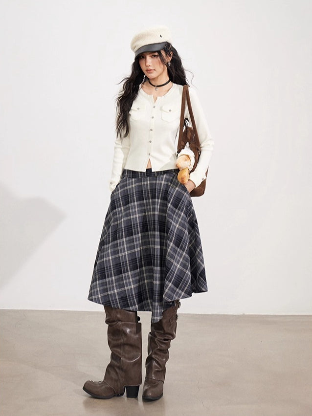 Navy Blue Plaid Wool Skirt