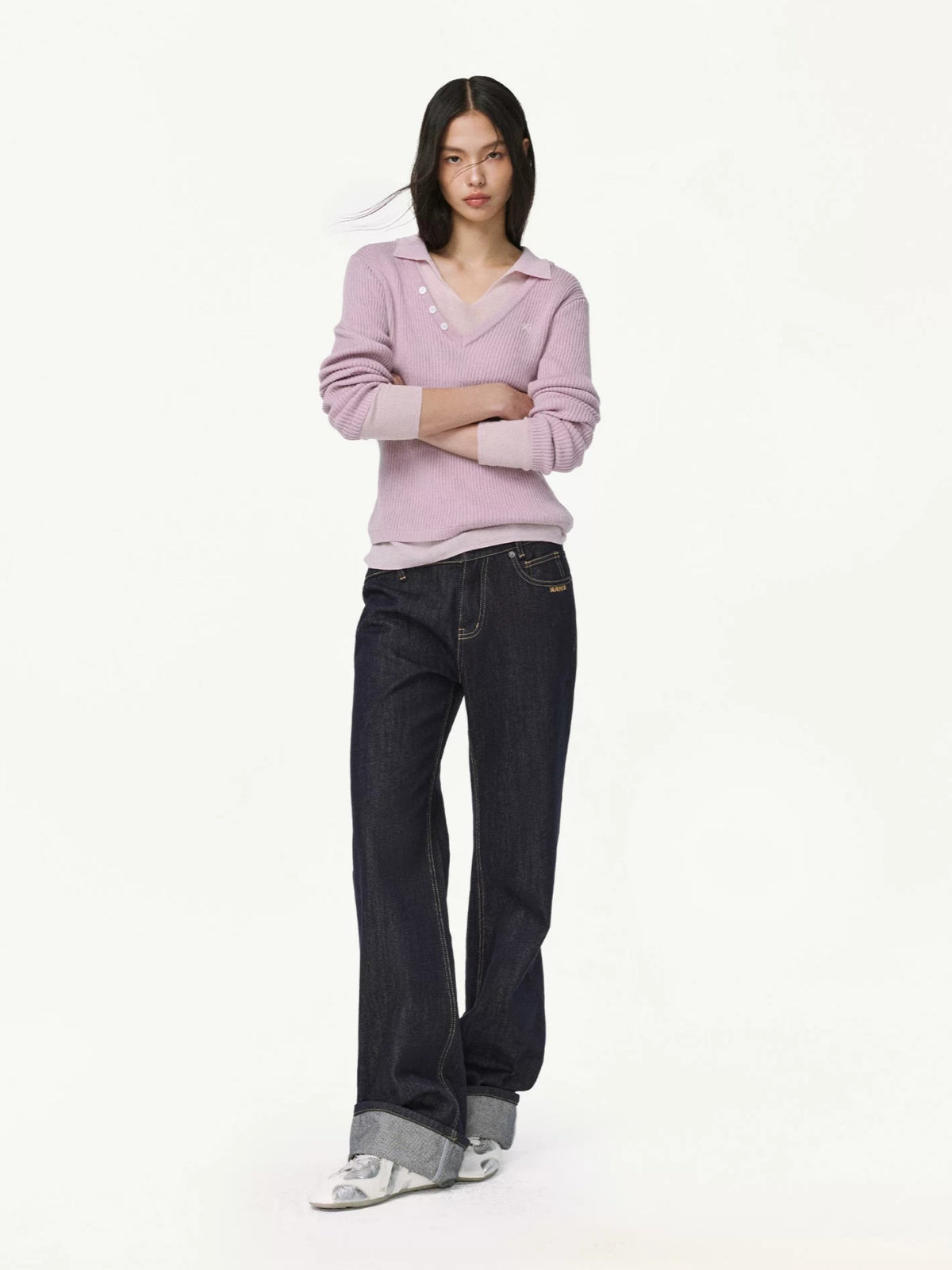 Contrast Layered V-Neck Wool Sweater