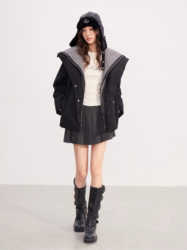 Belted Contrast-Knit Collar Down Coat