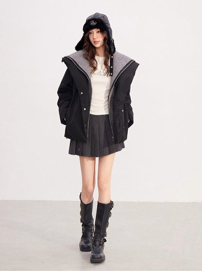 Belted Contrast-Knit Collar Down Coat