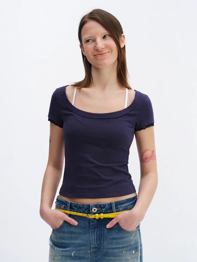 Lace Trim U-neck Tee
