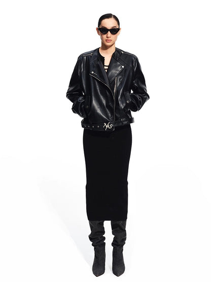 &quot;Dejembe Series&quot;Satin-Finish PU Leather Moto Jacket