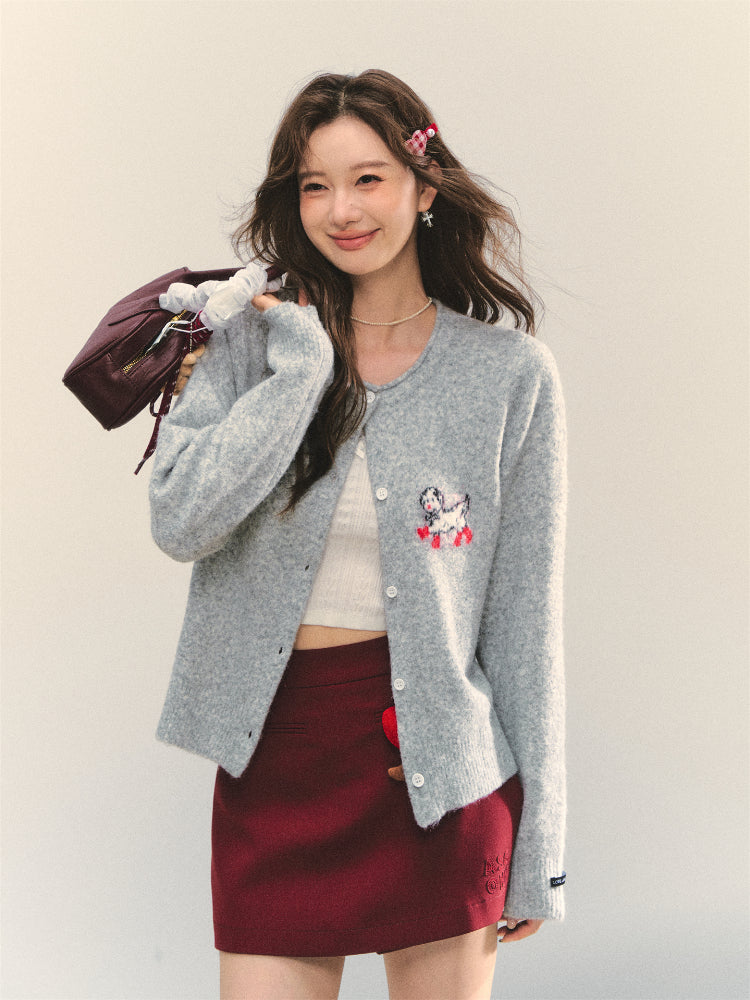 Crew Neck Dalmatian Jacquard Knit Cardigan