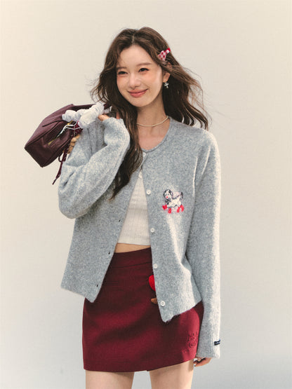 Crew Neck Dalmatian Jacquard Knit Cardigan