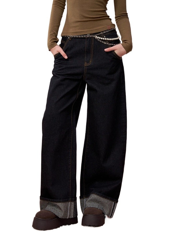 Rhinestone Cuffed Wide-Leg Denim Jeans