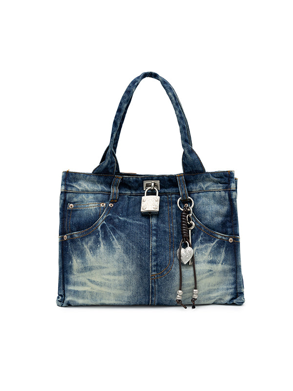 Distressed Printed Denim Tote Bag