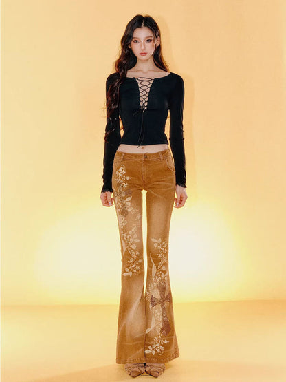 Printed Low-Waisted Denim Bell-Bottom Pants