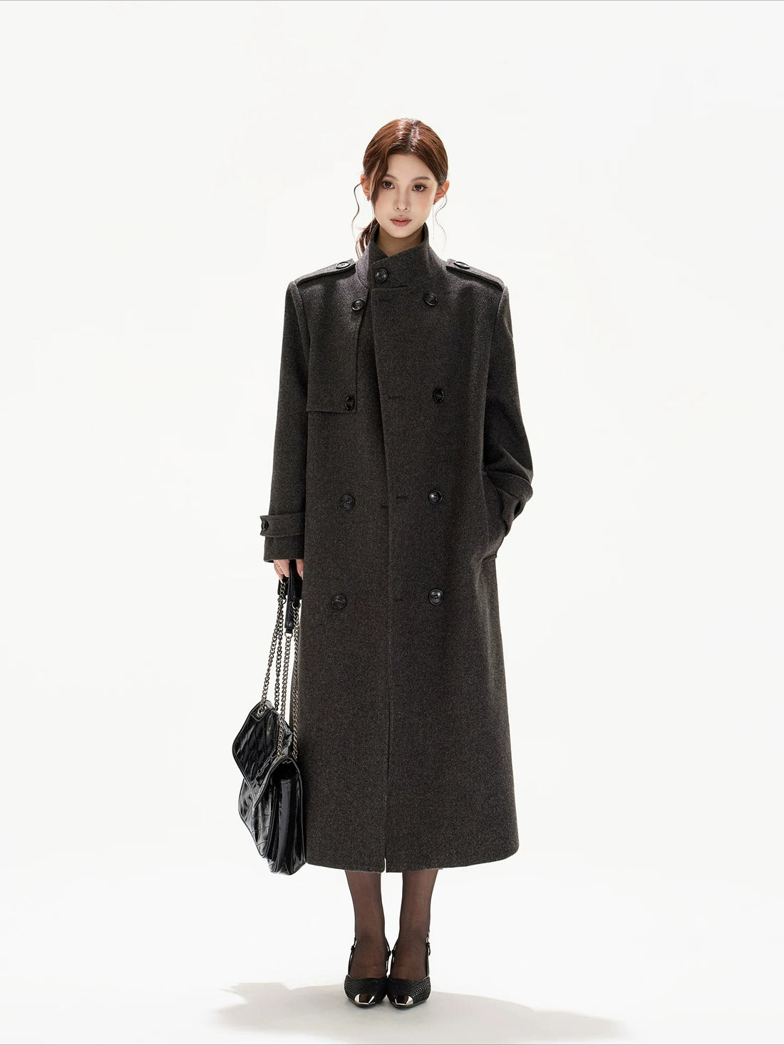 Black Wide-Shoulder Wool Coat
