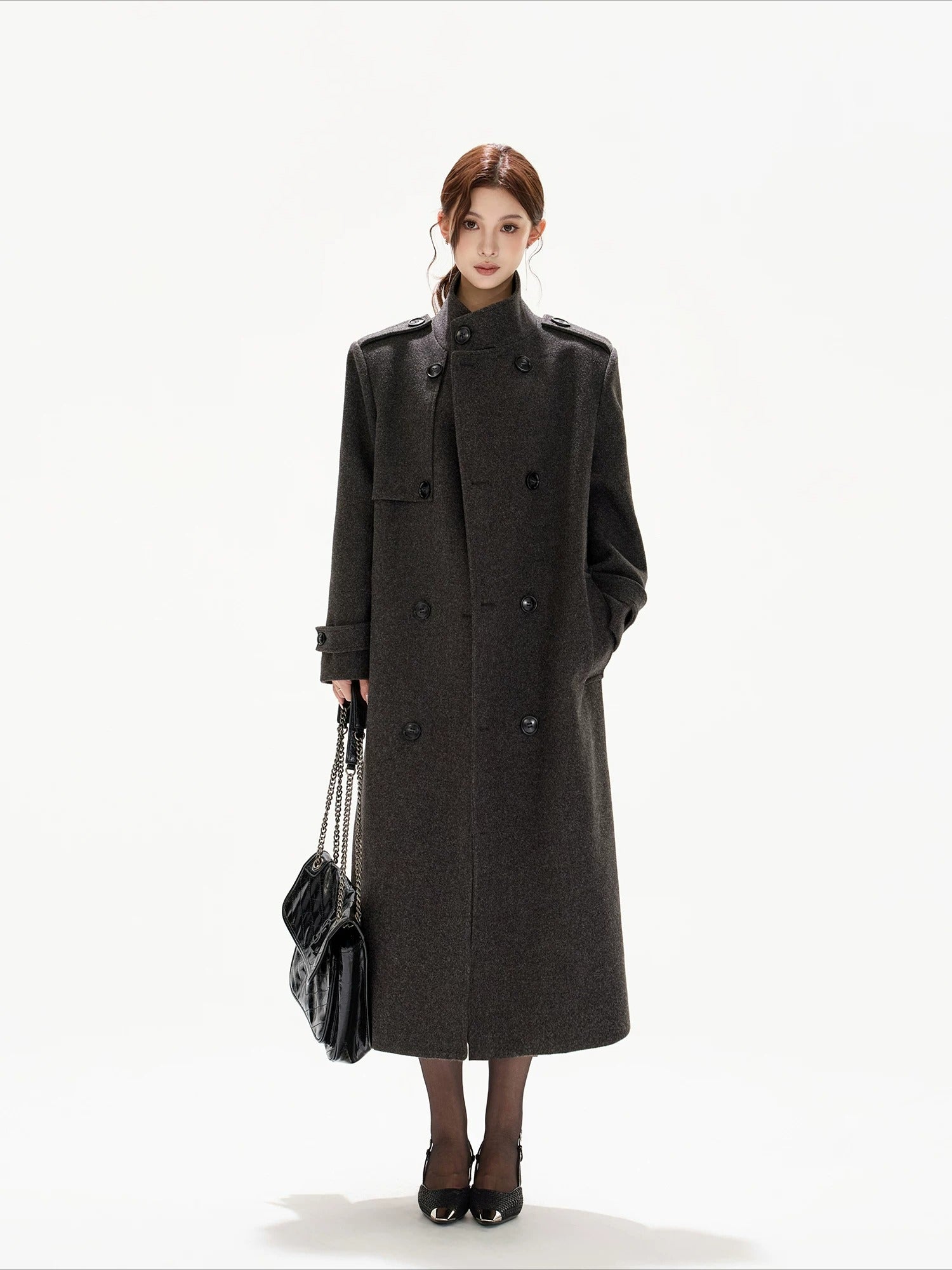 Black Wide-Shoulder Wool Coat