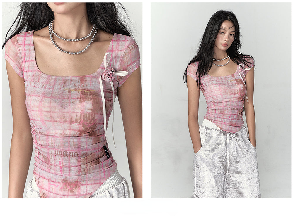 Pink &amp; Yellow &amp; Black Fitted Plaid Square Neck Top