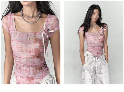 Pink &amp; Yellow &amp; Black Fitted Plaid Square Neck Top