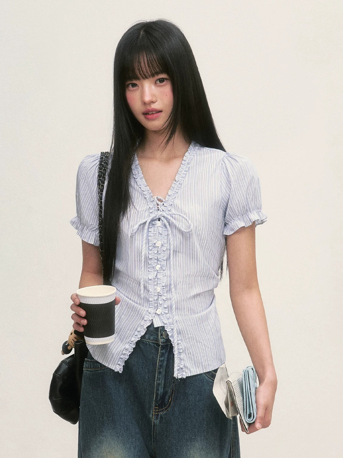 Striped Ruffle Tie Blouse