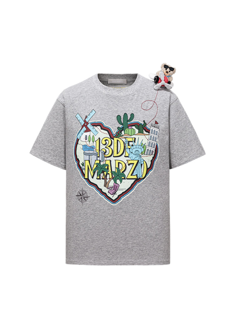 Map Illustration Crew Neck Short Sleeve T-shirt
